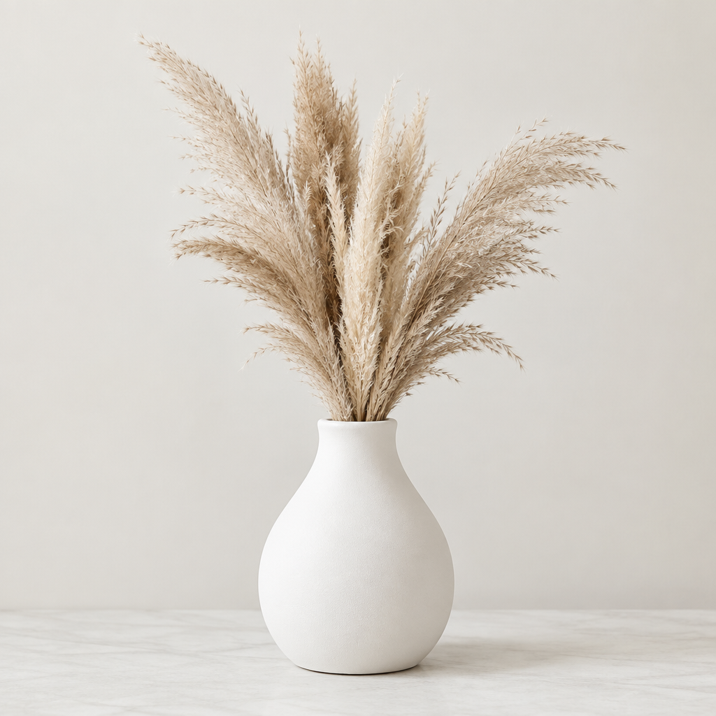 Vaso de cerâmica branco fosco com capim-dos-pampas
